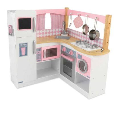 Jeux & Jouets KidKraft Cuisines | Cuisine D’Angle En Bois De Kidkraft Rose Et Blanche Pour Enfants