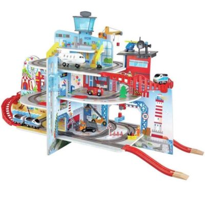 Jeux & Jouets Hape Garages Et Vehicules | Circuit De Train Sur 3 Niveaux Avec Grue Montagne Urbaine Hape